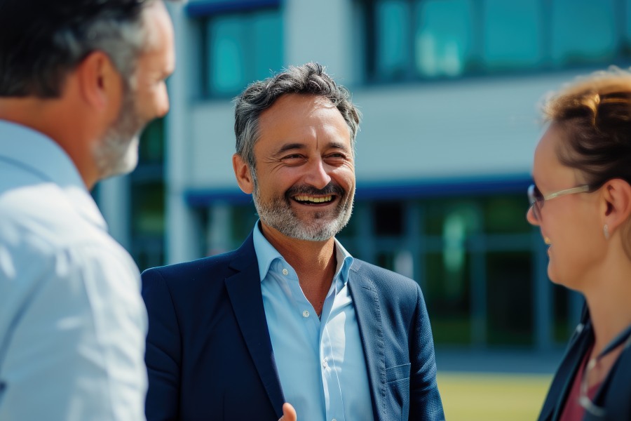 Smiling Managers discussing a deal outside together