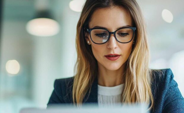 Female Employee Working on Laptop for Revenue and Client Operations
