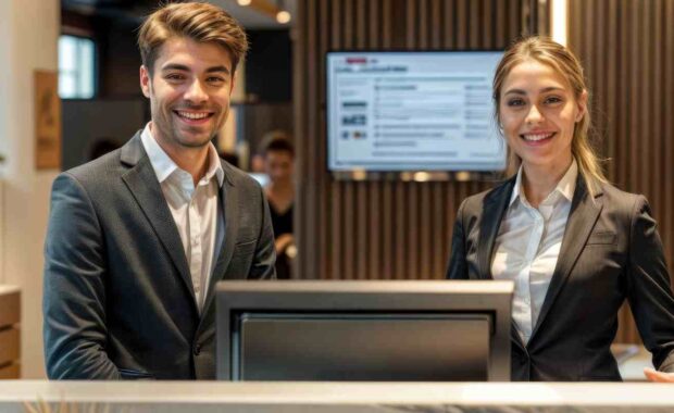 Concierge Staff Standing at A Reception Desk Smiling for Camera