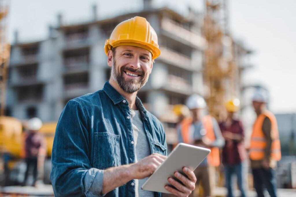 Grinning young architect with a tablet observes builders at a construction site highlighting the business and industry aspects